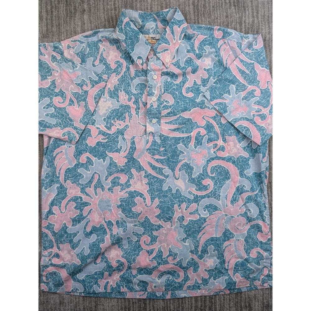 VTG Reyn Spooner Polo Shirt Mens 2XL Short Sleeve Floral Hawaiian Pink Blue USA